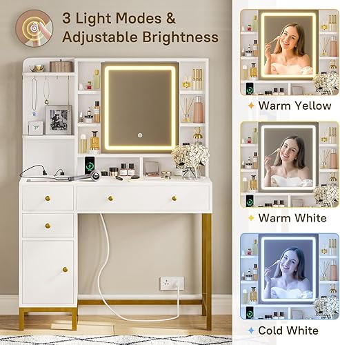 Miniatura 3 de VIAGDO Escritorio de Tocador con Espejo y Luces, Tocador de Maquillaje con Cajones y Estación de Carga, Mesa de Tocador con Estantes, Gabinete,