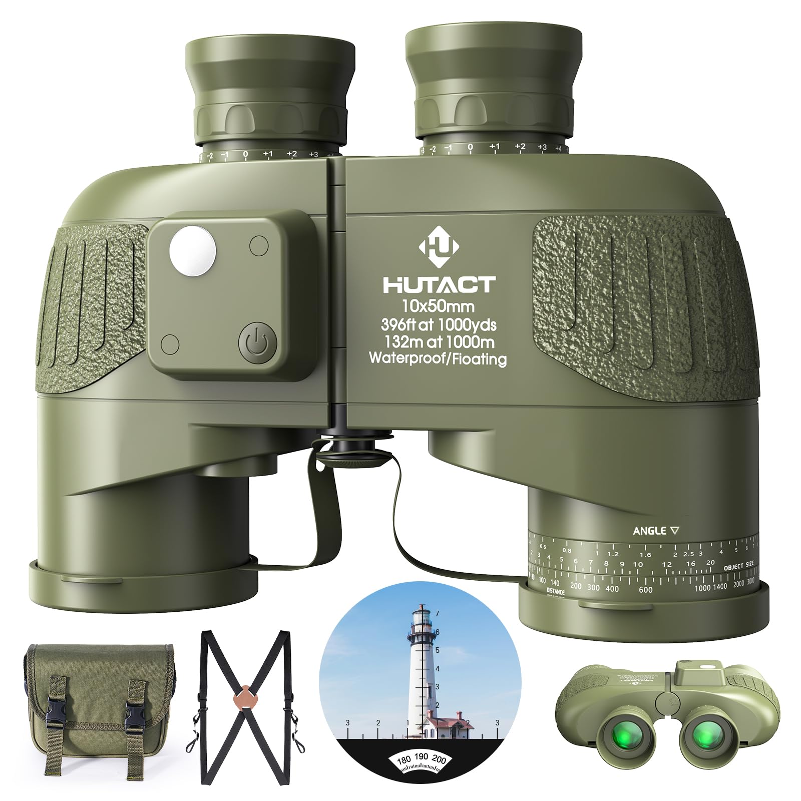 HUTACT 10X50 Binoculars for Adults with Rangefinder Compass, Waterproof Marine, Cross-Country and Travel