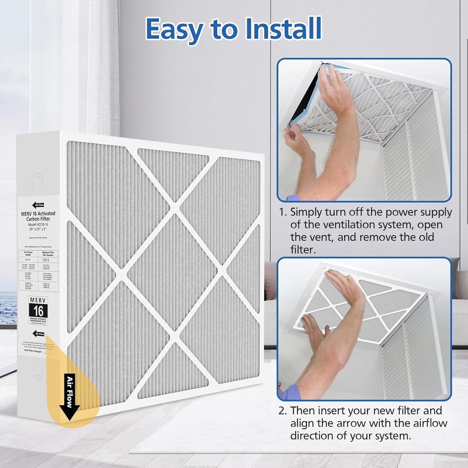 20x25x5 MERV 16 Air Filter Compatible with Lennox HCC20-28 MERV 16 Furnace Filter for HVAC System, Part Number HCF20-16, HCF20-10, 2 Pack