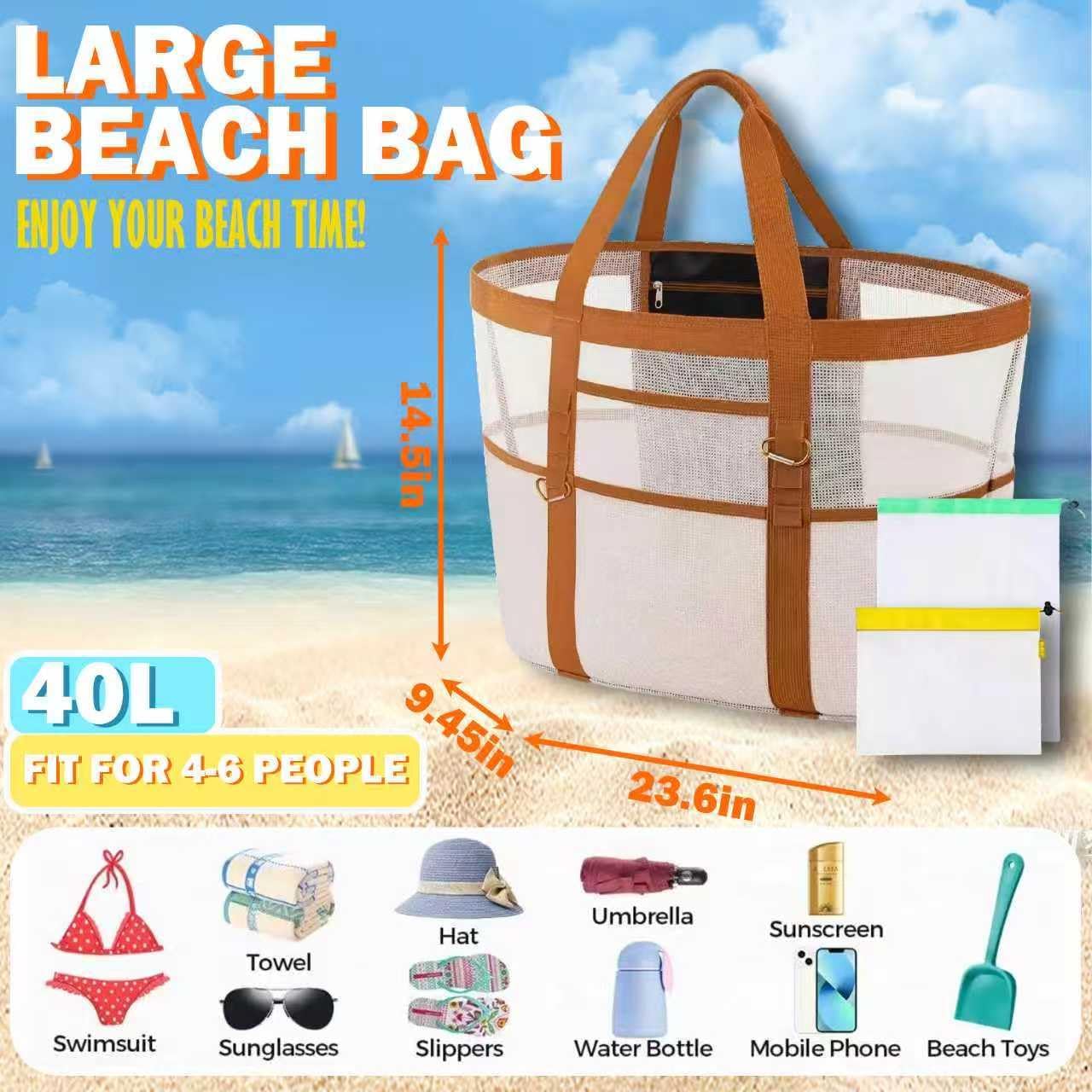 XXL Mesh Beach Bag, Large Capacity Beach Tote for Toys & Vacation Essentials with 2 Carabiners and 2 Produce Mesh Bag - Image 2