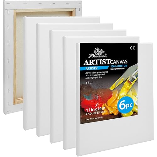 PHOENIX Professional Stretched Canvas for Painting - 11x14 Inch/6 Pack 3/4 Inch Profile, 100% Cotton 11 Oz. Heavy Duty Gesso Triple Primed White Blank Artist Canvases for Oil & Acrylic Paints
