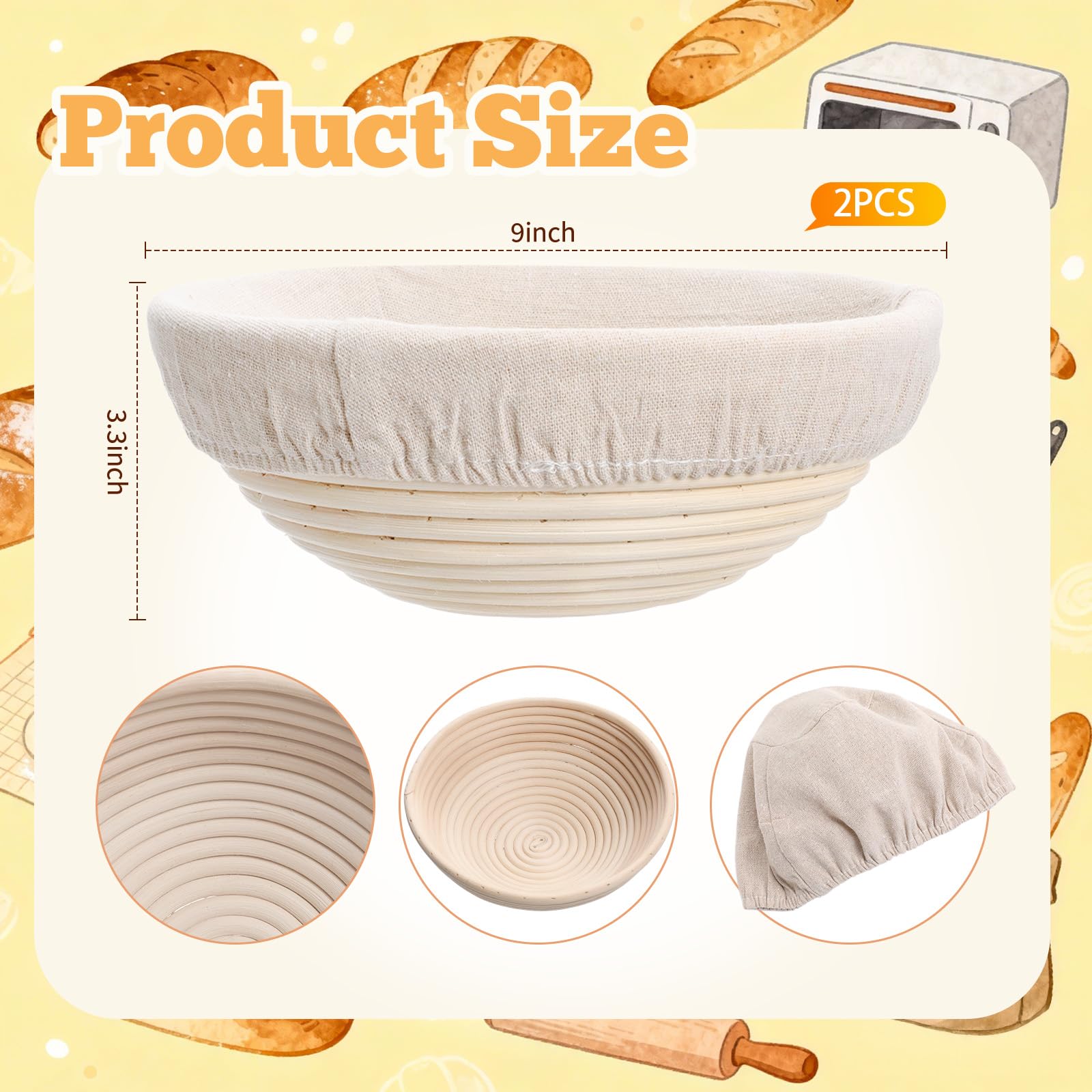 LemonRoad Brotgärkörbe mit Duschkappen, 22,9 cm, Banneton-Korb, Set mit 2 Sauerteig-Gärkörben mit Stoffeinlagen und 1000 Duschkappen für Sauerteigbrot, Backen, Gärung