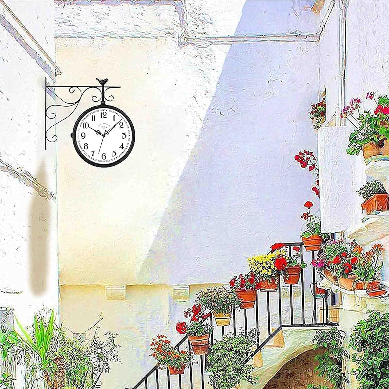 Outdoor Wall Clock Station Wall Clock Metal Frame Waterproof Cover Mute Without tick Double-Sided Vintage Retro Hanging Bracket Clock for Indoor Outdoor