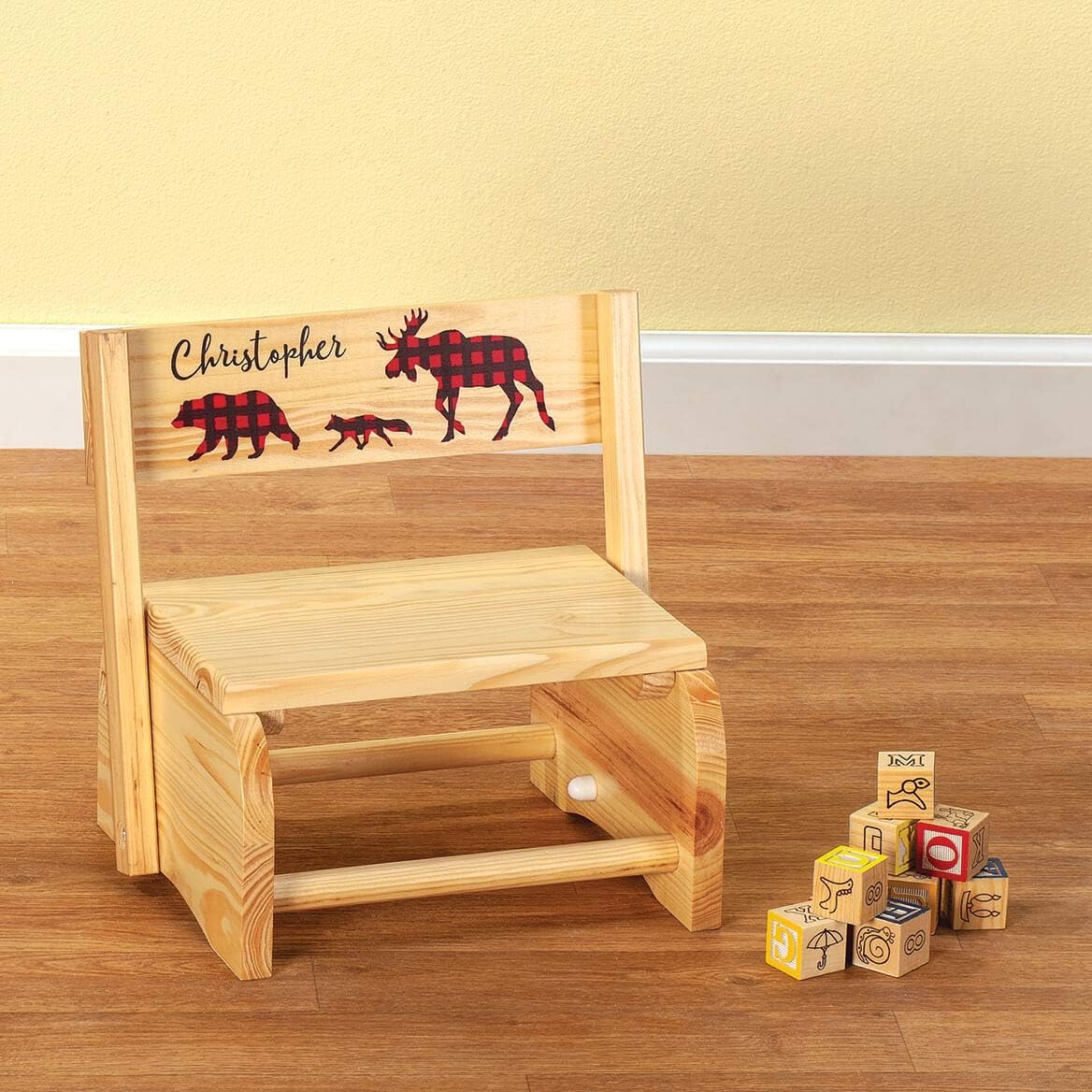 Custom Children's 2-in-1 Step Stool and Chair, Natural Wood, Buffalo Plaid Design with Custom Name