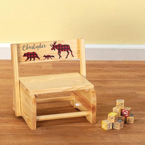 Miniatura 2 de Taburete y silla personalizados 2 en 1 para niños, madera natural, diseño de cuadros búfalo con nombre personalizado