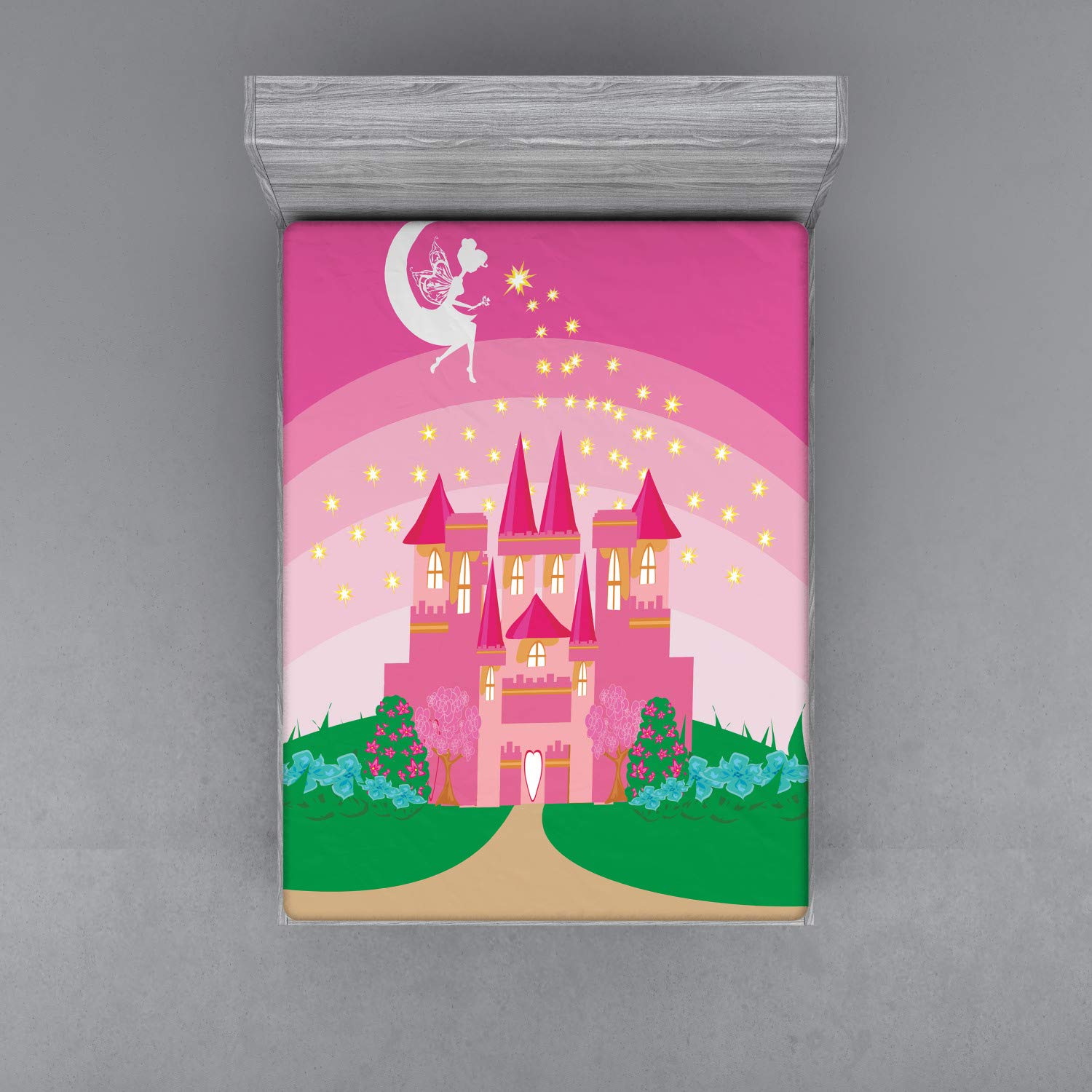 ABAKUHAUS Magia Lenzuolo con Angoli, Fairytale Castle Principessa, Morbido Tessuto Decorativo da Letto Tasca Elastica a Tutto Tondo, 120 x 190 cm, Verde Rosa