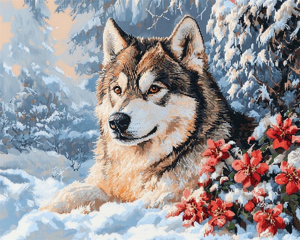 Henypt 11Ct DIY Stamped Cross Stitch Kits for Adults Alaskan Malamute and Flowers in The Snow Cross Stitch Kits Landscape Oil Painting Cross-Stitch Kits Counted Embroidery Kits for Adults