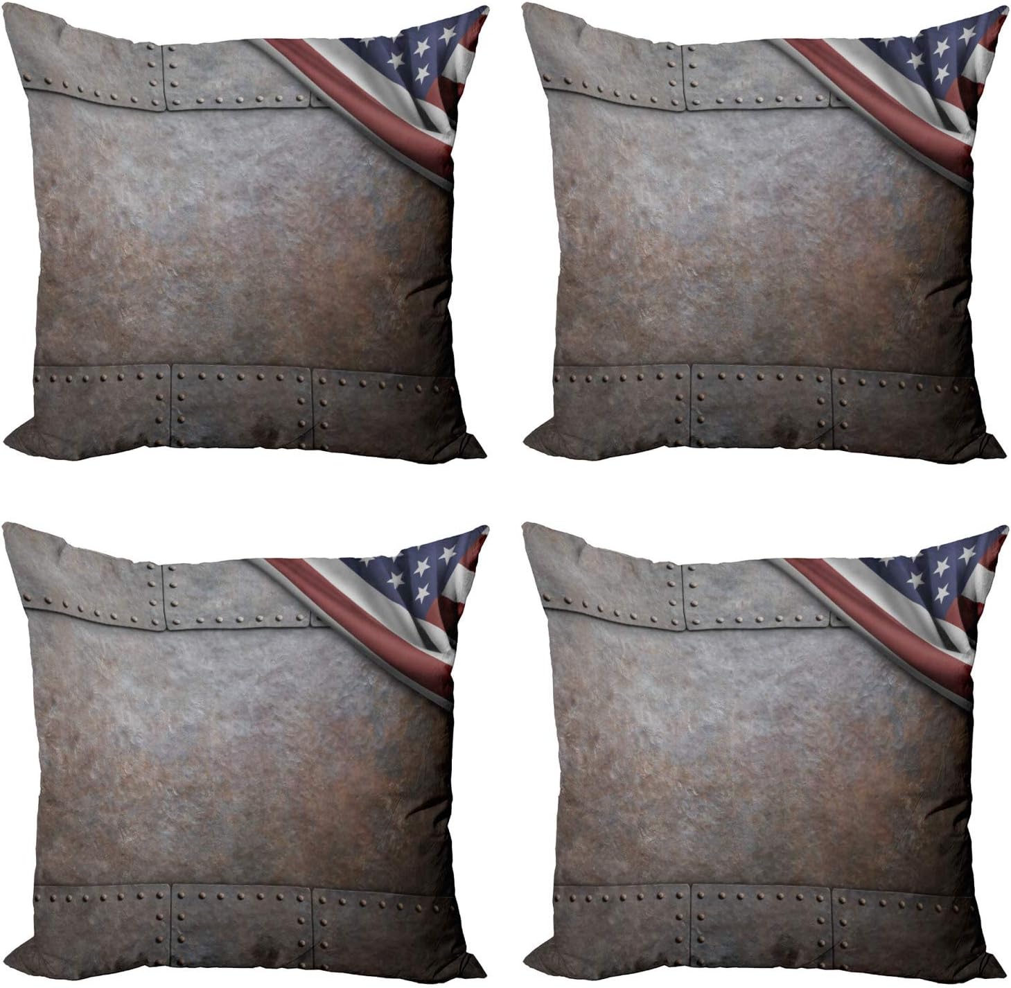 Ambesonne American Decorative Throw Pillow Case Pack of 4, USA Flag Over Rusty Textured Armor Plaque Designed Patriotic Theme Illustration Print, Cushion Cover for Couch Living Room Car, 16", Brown