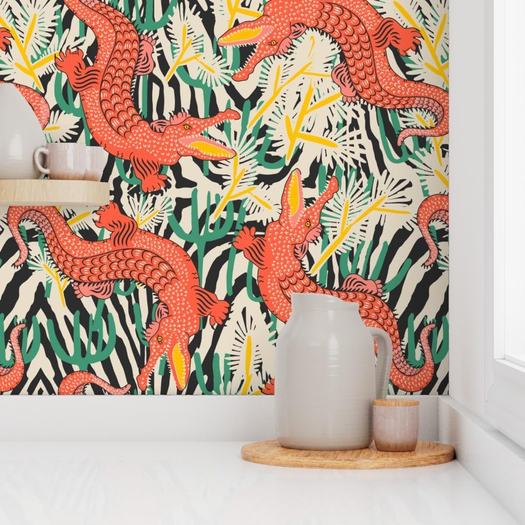 Spoonflower Peel & Stick Wallpaper 3ft x 2ft - Tropical Maximalist Coral Green Crocodile Alligator Bright Boho Vivid Bold Custom Removable Wallpaper