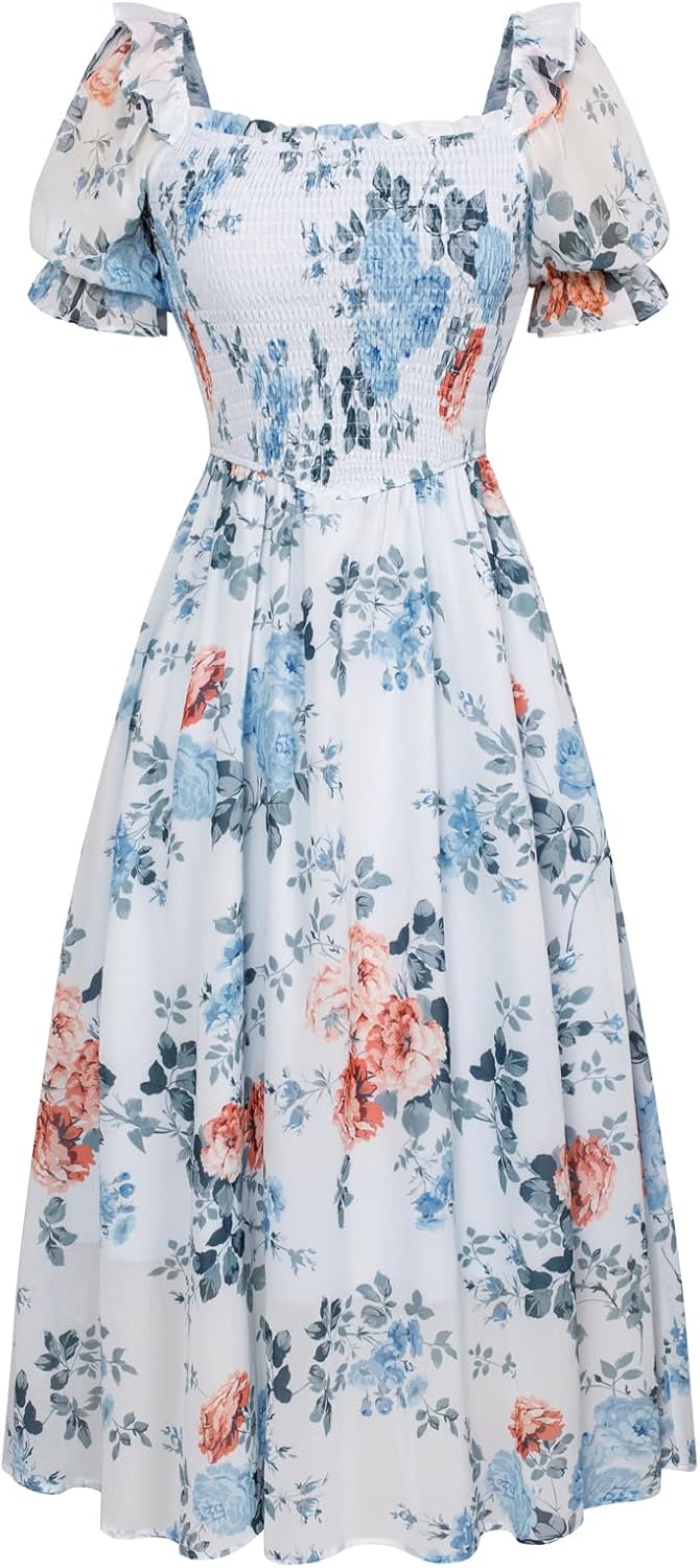 Scarlet Darkness Floral Dress for Women Summer Puff Sleeve Square Neck A Line Flowy Wedding Guest Tea Party Dresses