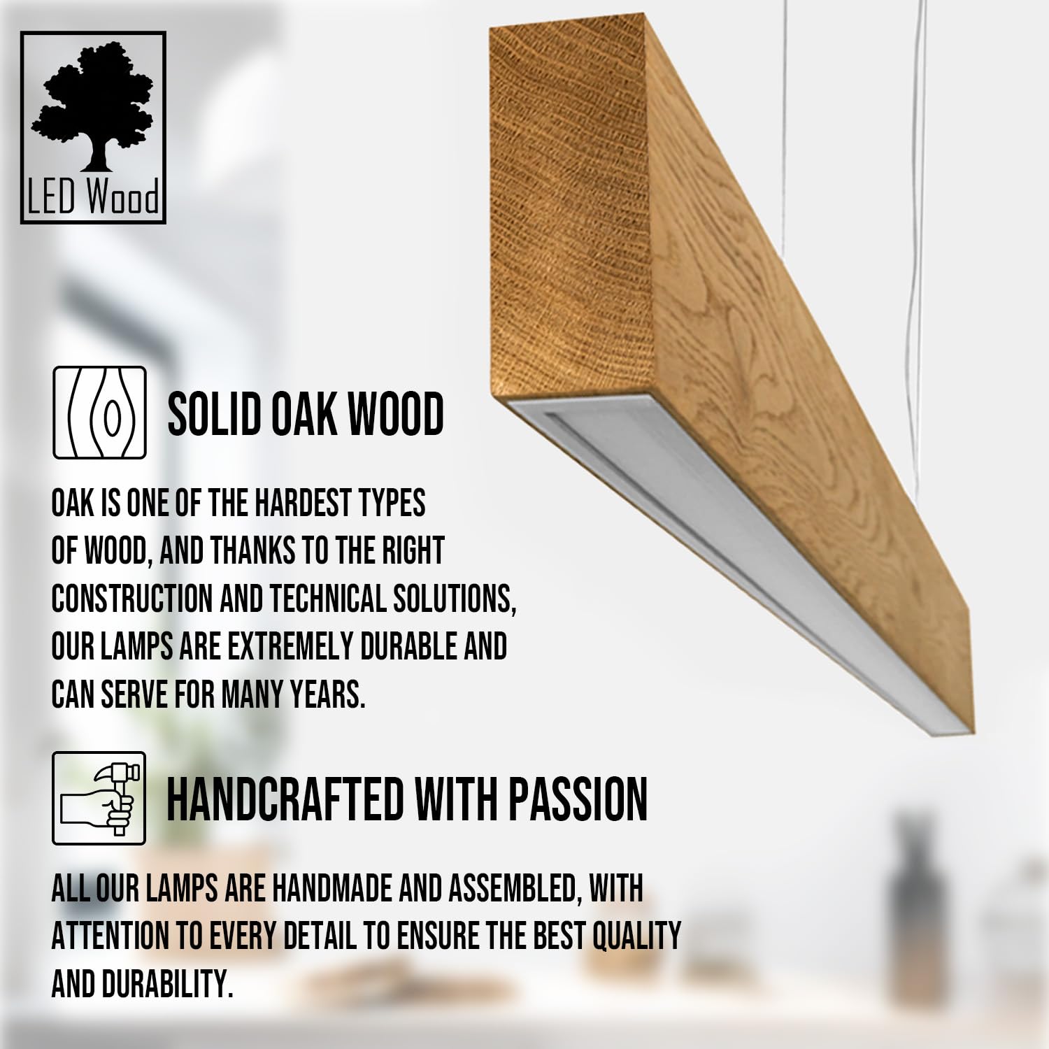 LED Wood Drewniana lampa wisząca z dębu 60 cm – Ręcznie wykonana lampa wisząca nad stół jadalniany –Lampa do jadalni, salonu i kuchni – 24W 1600 lm Ciepłe białe światło 3000 K