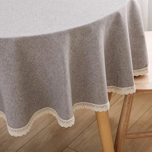 Miniatura 9 de Mantel redondo de lino sintético con ribete de encaje, mantel de arpillera de peso pesado sólido para banquetes, fiestas, cenas, cocina, bodas,