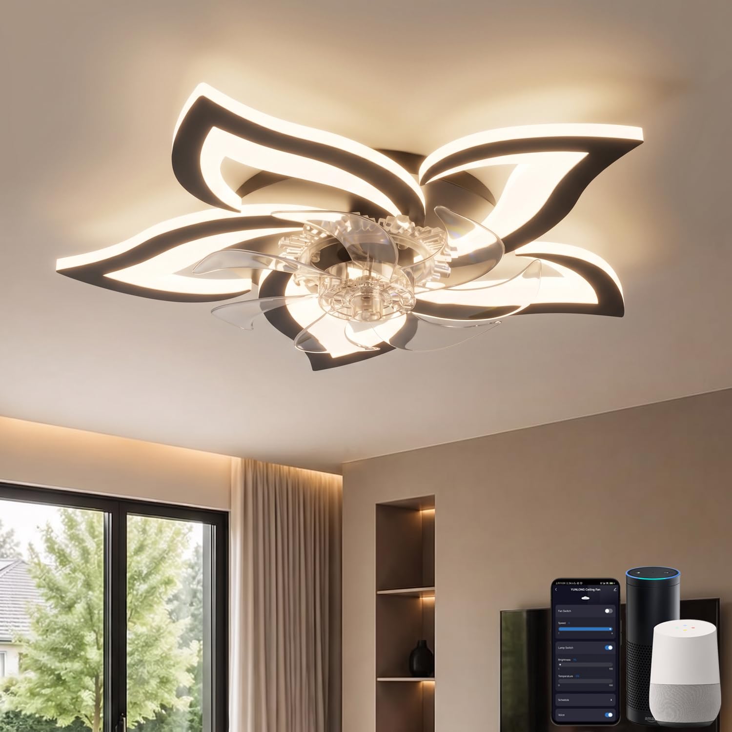 Deckenventilator mit Beleuchtung Kompatibel mit Alexa und Google Assistant, Deckenlampe mit Ventilator Leise, Sommer Winter Betrieb DC Motor, Dimmbar, für Schlafzimmer, Schwarz