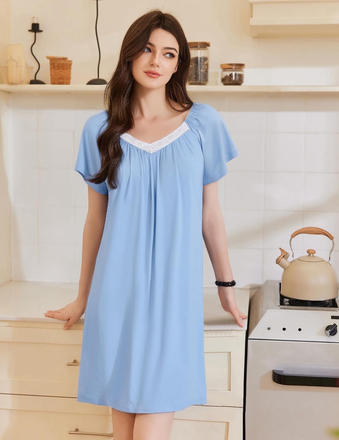 Ekouaer Womens Nightgown Lace Trim V Neck Sleep Shirt Flare Short Sleeve Night Gown Pleated Nightshirt Ladies Nightdress - Image 3