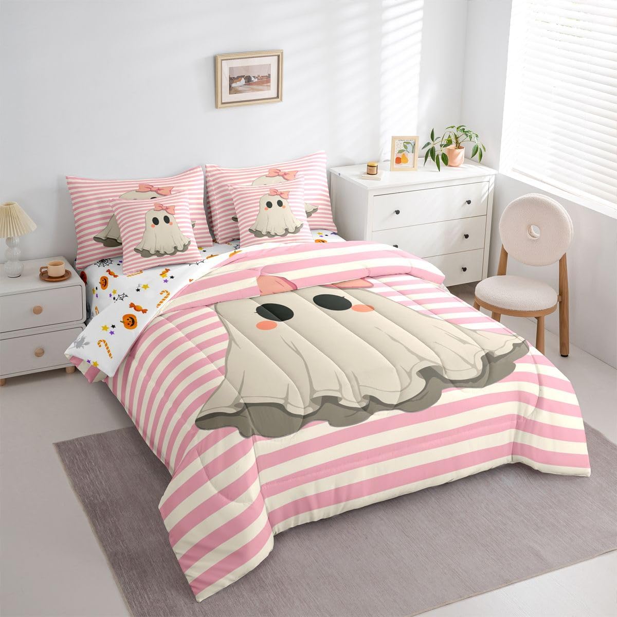 Feelyou Kids Pink Halloween Comforter Set King Size 7 Pieces Comforters Friendly Cartoon Ghost Bedding Set Stripes Lines Bed in a Bag with Comforter, Sheets, Pillowcases & Cushion Covers