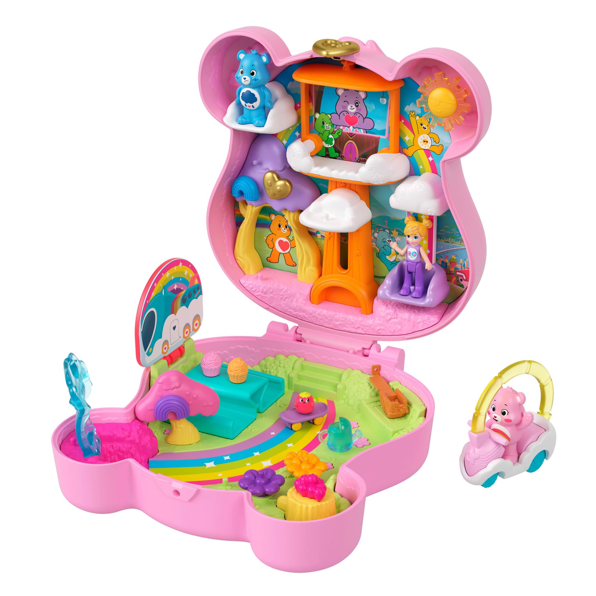 Polly Pocket y los Osos amorosos Conjunto de juego, juguete de viaje con muñecas, coche de juguete y accesorios temáticos, estuche de colaboración, JCC14