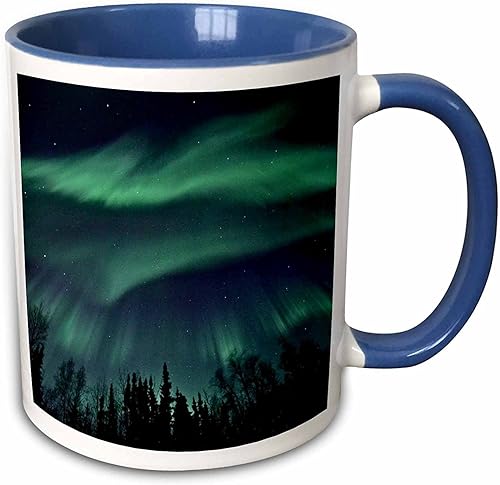 3dRose mug_61680_6 Taza de dos tonos azul con texto "Northern Lights in Shade of Green Amongst a Dark Blue Night Sky", 11 onzas, multicolor
