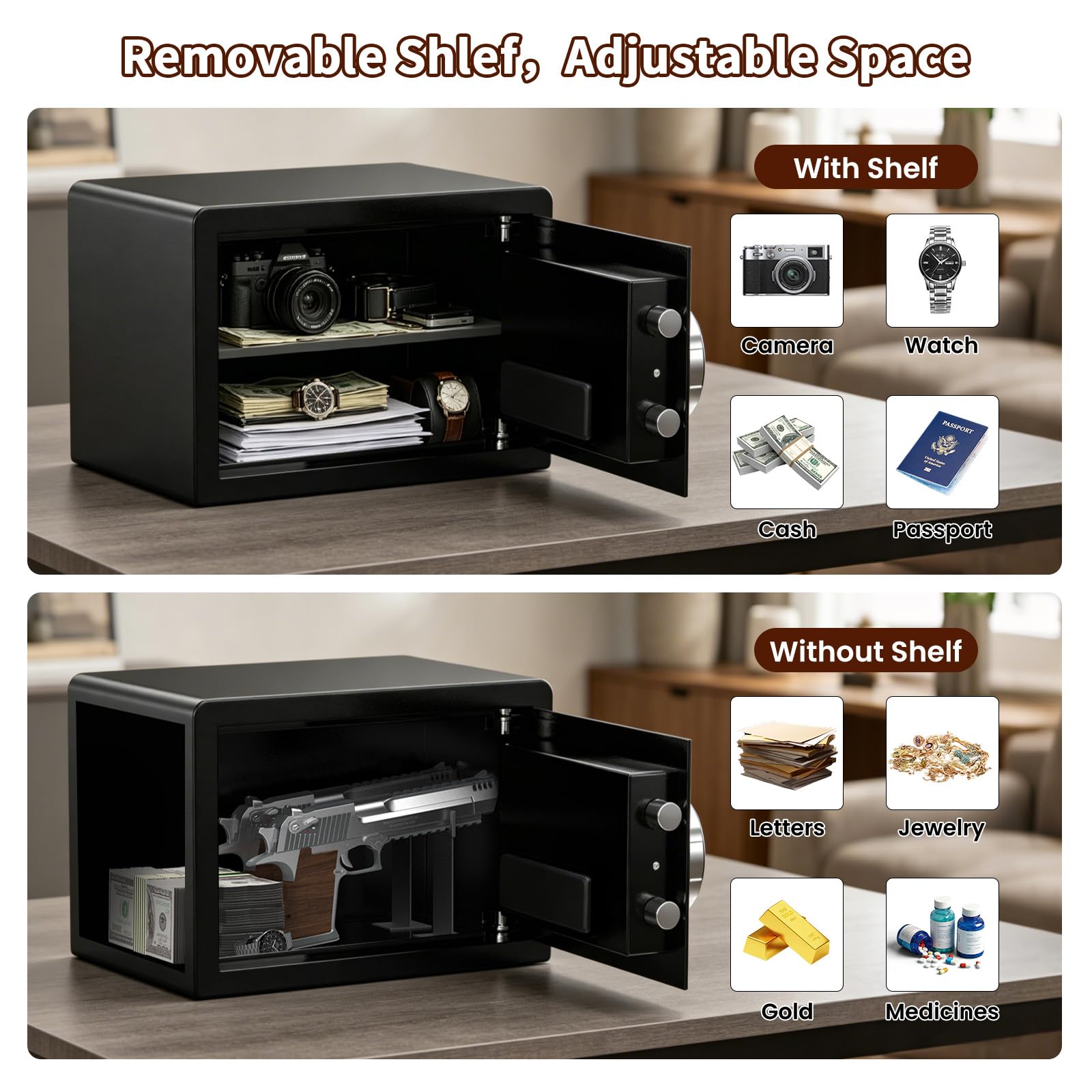 Biometrischer Safe mit Fingerabdruck-Schloss, kleine Tresore für Zuhause mit lautlosem Modus, Tastatur mit Hintergrundbeleuchtung und LED-Licht, digitale Sicherheitsbox für Geld und Schmuck