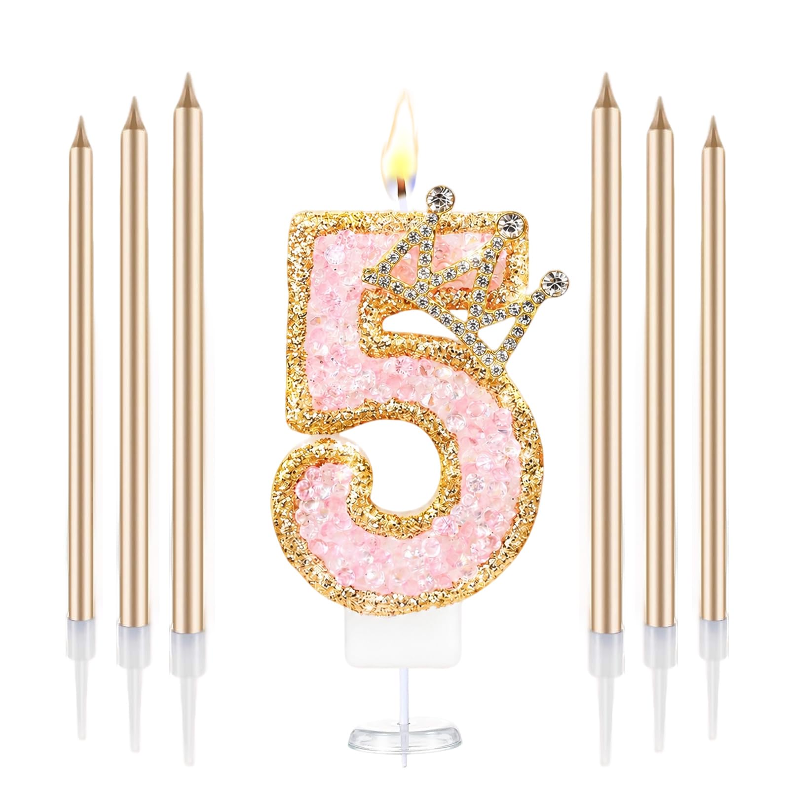 Crown Number Birthday Candles, Glitter Pink Gold Birthday Candle with 6 Pcs Long Candles, Stylish Princess Themed Cake Topper for Girls Birthday Party Supplies (5 Candle)