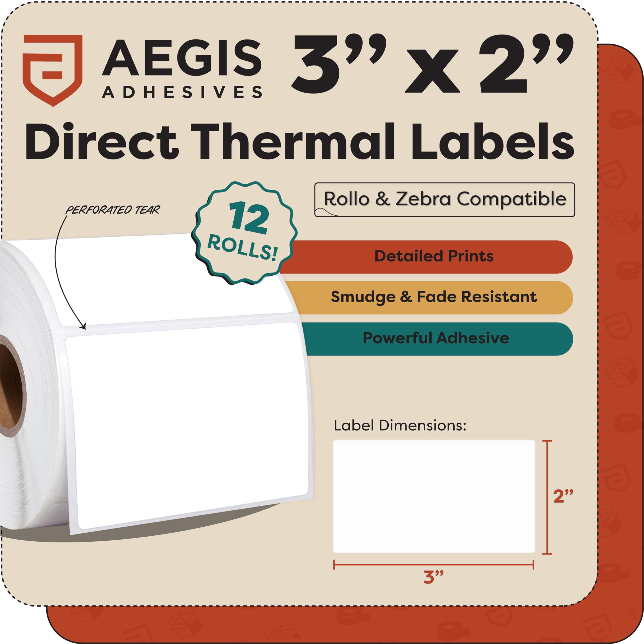 Aegis Adhesives Bezpośrednie etykiety termiczne 7,6 cm x 5 cm do wysyłki, wysyłki, perforowane i kompatybilne z drukarkami etykiet Rollo, Zebra i innymi biurkowymi drukarkami etykiet (12 rolek,
