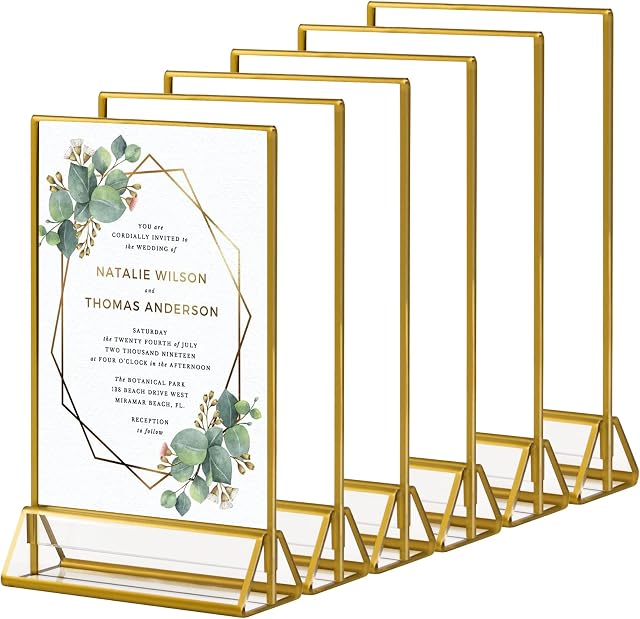 Acrylic Gold Sign Holder, 6Pack (5 x 8.4inch/12.7 x 21.3cm) Dezzer Upright Double Sided and Vertical Stand Table Menu Holders for Wedding Table Numbers, Banquet, Restaurant Signs Display