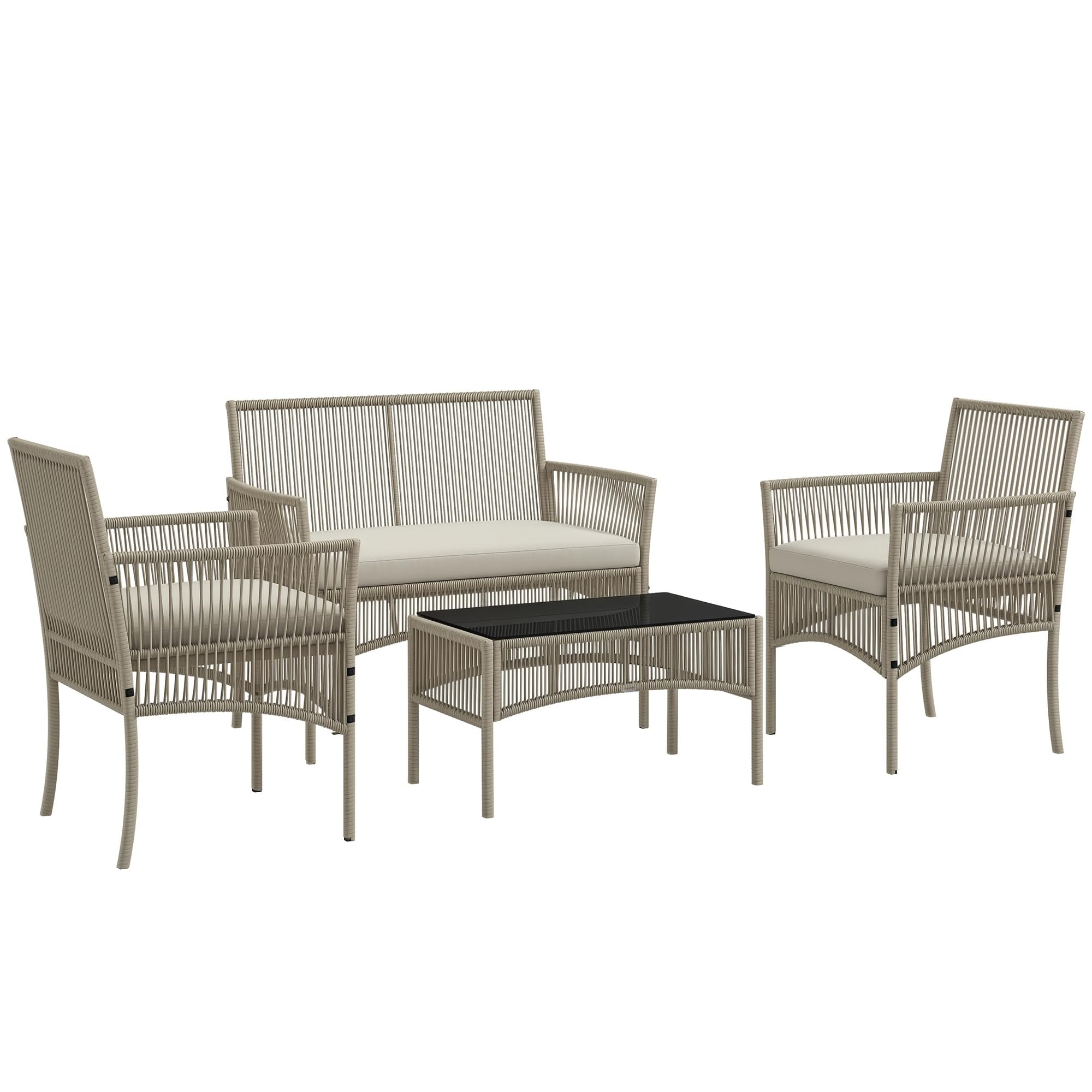 Outsunny Conjunto Jardín Exterior de Ratán, Muebles Jardín Exterior para 4 Piezas, Muebles Terraza con 1 Sofá de 2 Plazas, 2 Sillones, Cojines y 1 Mesa de Tablero de Vidrio, para Patio, Caqui