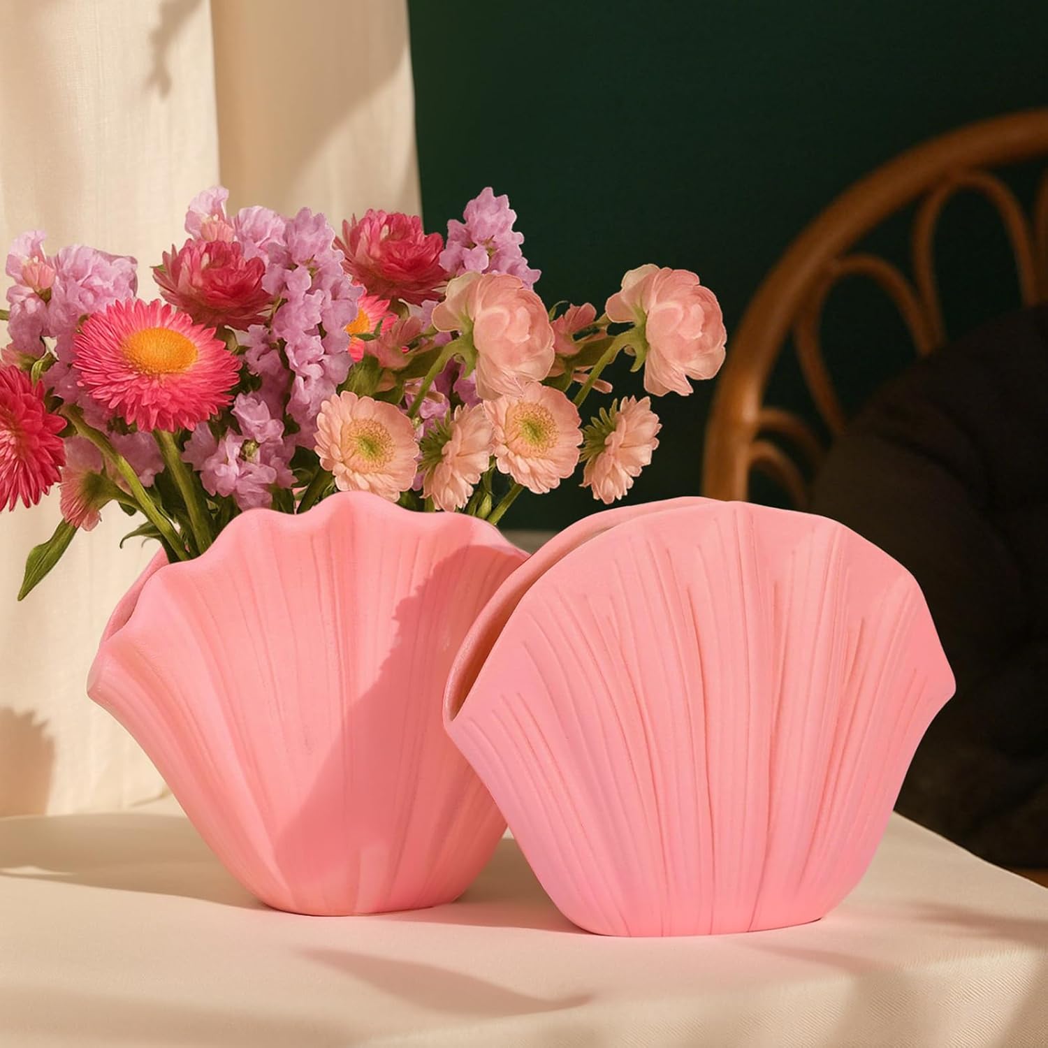 Pink Ceramic Shell Vase Set of 2 - Funky Seashell Planter for Pampas Grass, Cute Coastal Decorative Vases for Bedroom, Shelf, Bathroom, Table Centerpiece, Boho or Aesthetic Home Decor