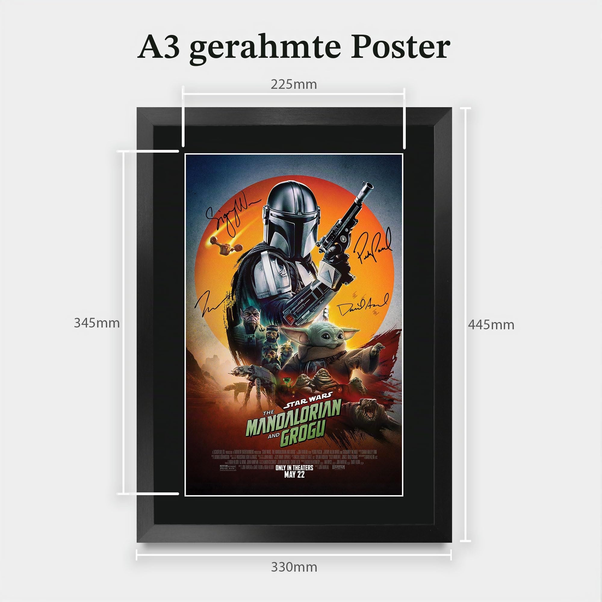 HWC Trading and Grogu Pedro Pascal Geschenke Geduckter Poster Signiertes Autogramm Foto für Fans von Film Memorabilien - A3 Gerahmt (ID-009324)