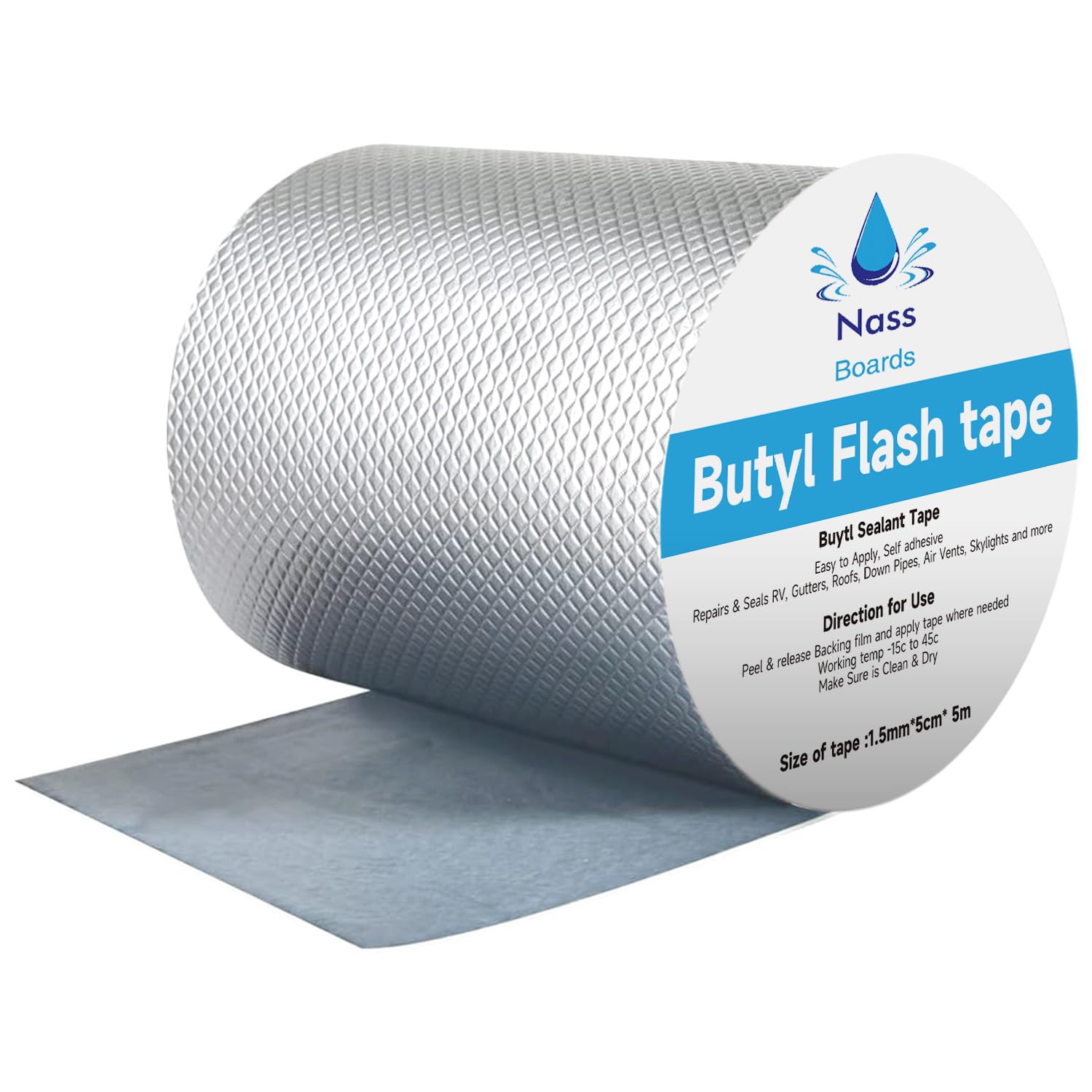 Nassboards Butyl Waterproof Tape, Roof Sealant, Butyl Tape and Waterproof Tape for Outdoor Use, Waterproof Sealing Tape for Leaks, Roofs, and More, Silver, 1.5mm x 15cm x 5m