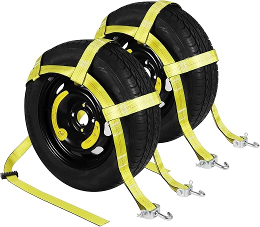 Adjustable Tow Dolly Basket Straps with Swivel J Hook-2 Pack,Car Wheel Strap Tire Bonnet Net Fits 13"-21" Tires Auto Unive...
