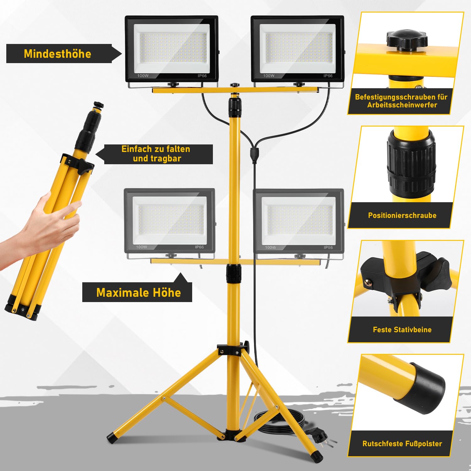 4x100W Baustrahler LED mit Stativ IP66 LED Baustrahler Höhenverstellbar & Drehbar Baustellenlampe mit 3m Kabel Stecker,Baulampe wartungsfrei für Baustelle,Werkstatt,Garten
