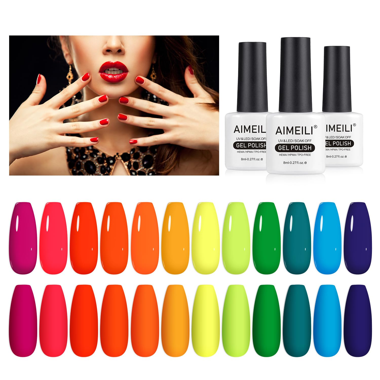 AIMEILI Neon Gel Nail Polish Set, Hema Free, Cruelty Free, Vegan, Summer Nails Orange Hot Pink Blue Yellow Green Purple Gel 12 Colors Kit Set 23
