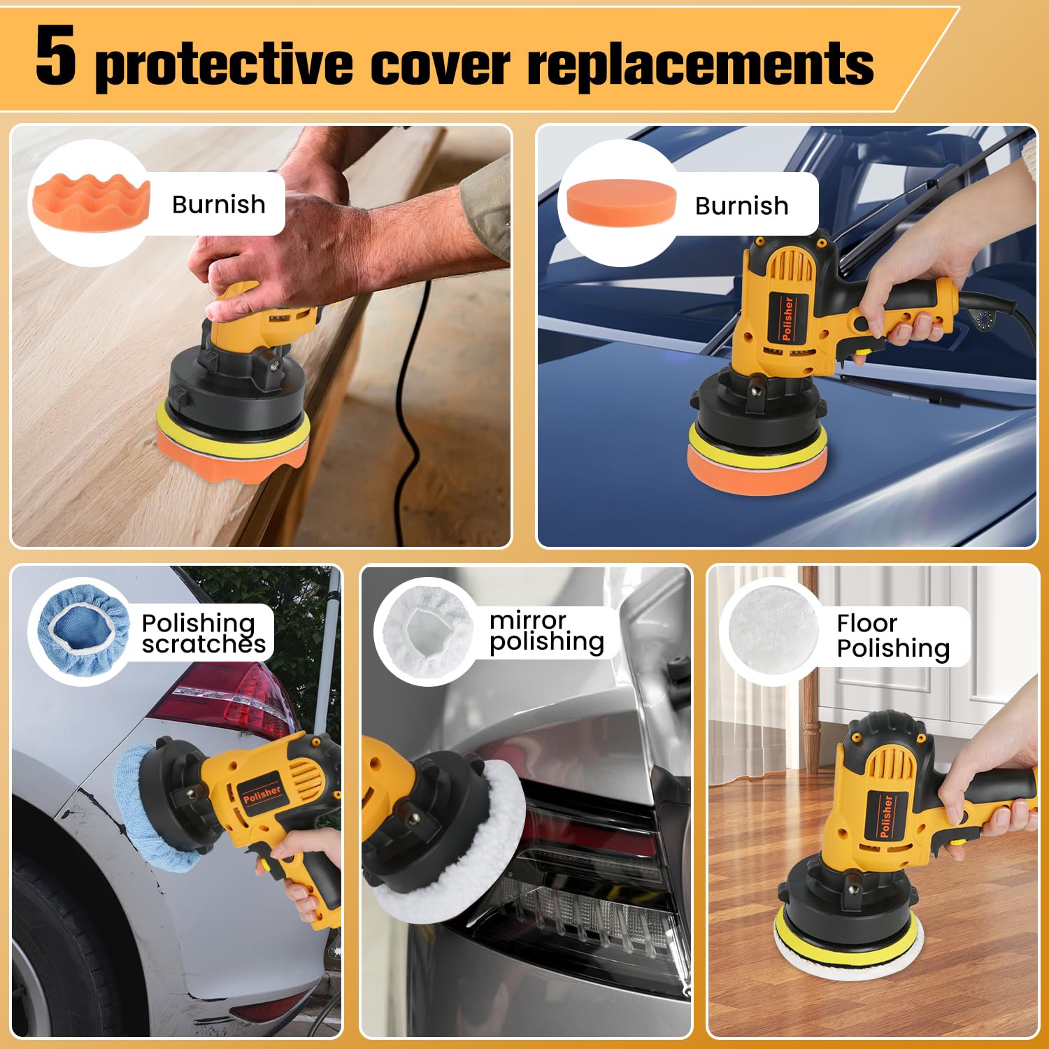 Lucidatrice eccentrica per auto, 700 W, 600-3700 giri/min, velocità variabile, leggera, per lucidatura, cera e rimozione dei graffi