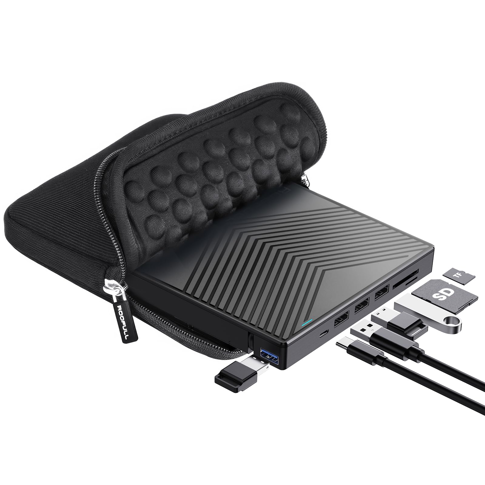 External CD DVD Drive Player Burner USB 3.0 & USB-C Portable CD/DVD-ROM +/-RW Optical Disk Drive with 4 USB Ports + 2 SD/TF Card Reader + Carrying Case for Laptop PC Windows Mac Linux Computer