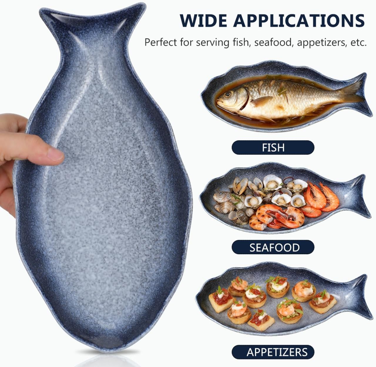 Cabilock 12 Inch Ceramic Fish Shaped Plate, Blue Porcelain Steamed Fish Platter, Deep Seafood Serving Dish for Sushi & Appetizers, Decorative Food Tray for Home Restaurant Kitchen