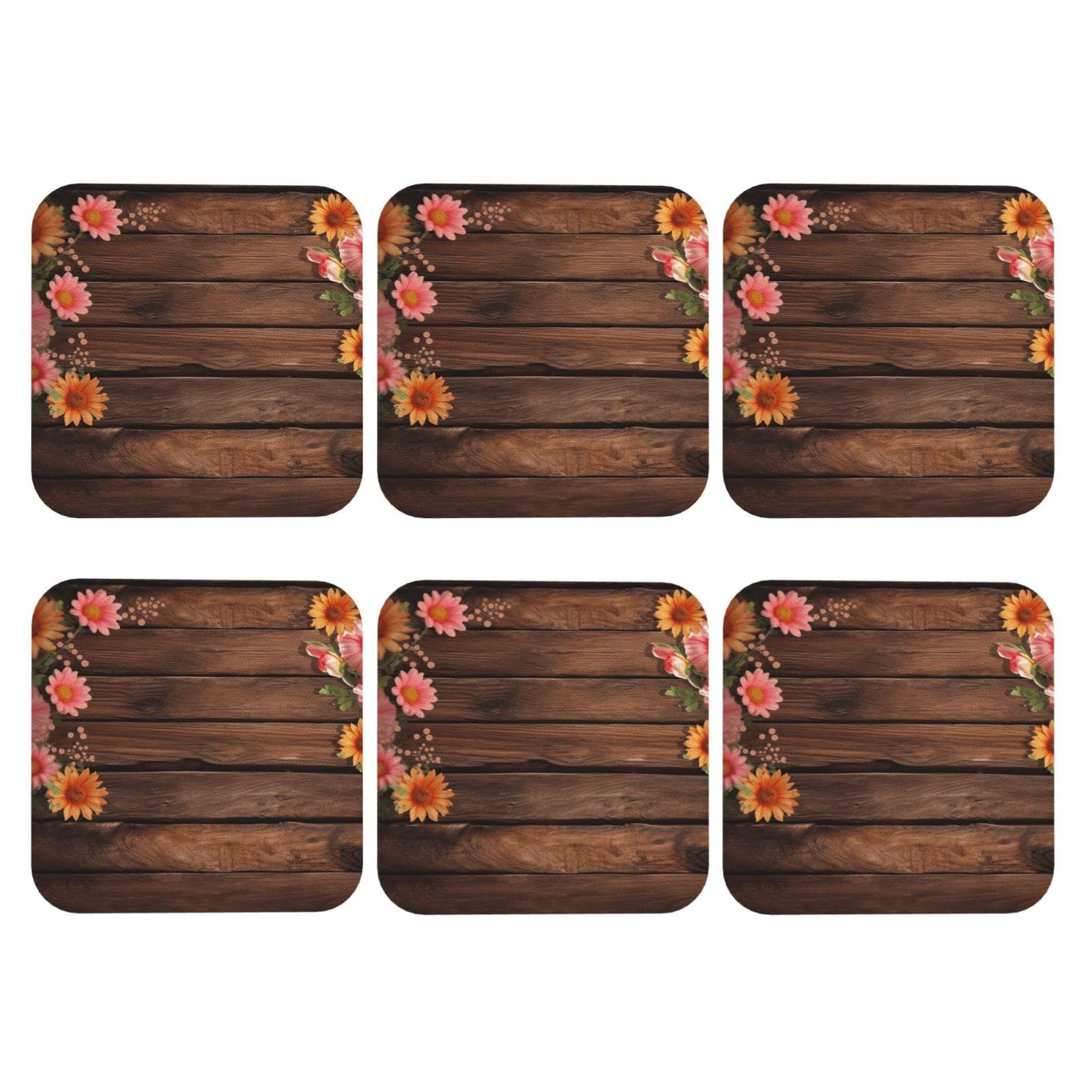 6pcs Leather Coasters for Drinks, Flowers and Wooden Drink Coasters for Tabletop Protection, 4" Cup Coasters for Coffee Table Decor, Non-Slip Drinking Cup Mat for Hot Or Cold Drink
