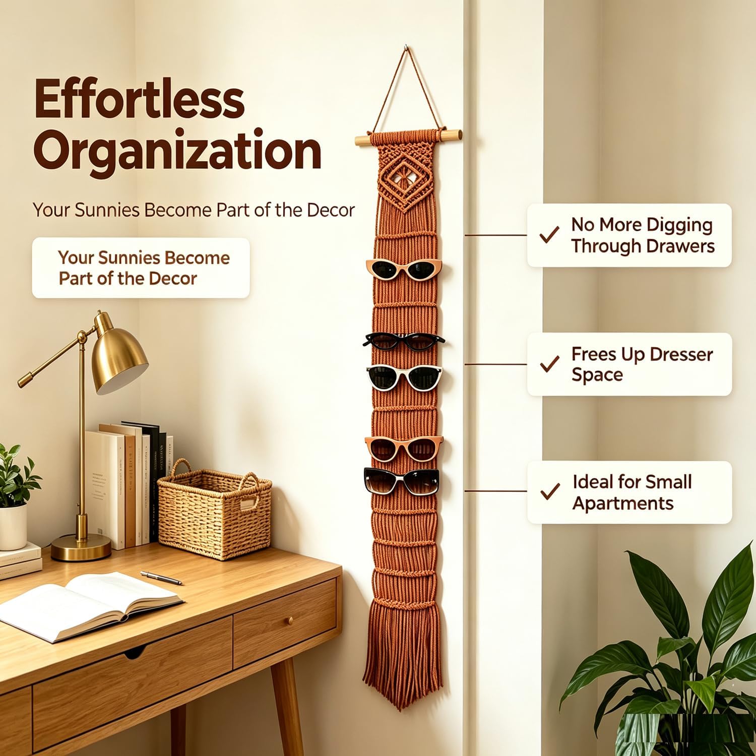 Macrame Sunglasses Holder Boho Wall Hanging Minimalist Eyewear Organizer Wall Sunglasses Rack