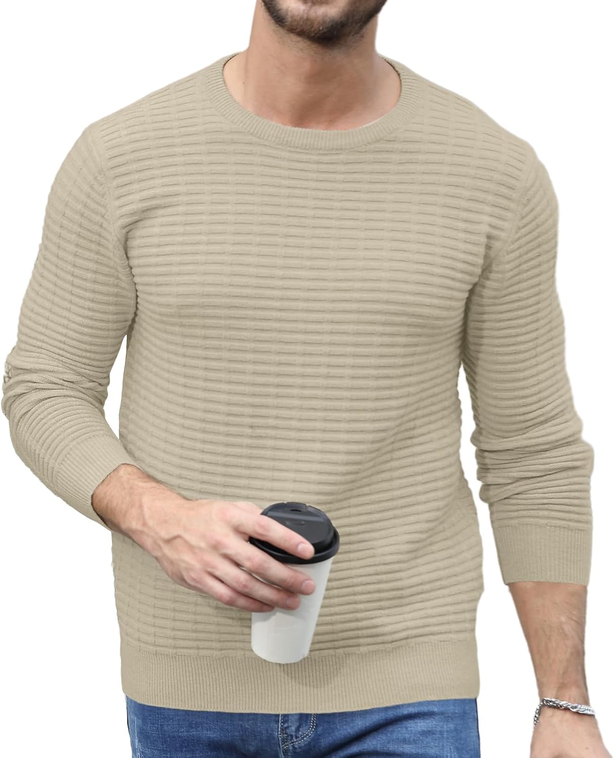 Askdeer Men's Pullover Sweater Cable Knit Crewneck Sweater Casual Long Sleeve Classic Knit Textured Sweater with Ribbing Edge - Image 5