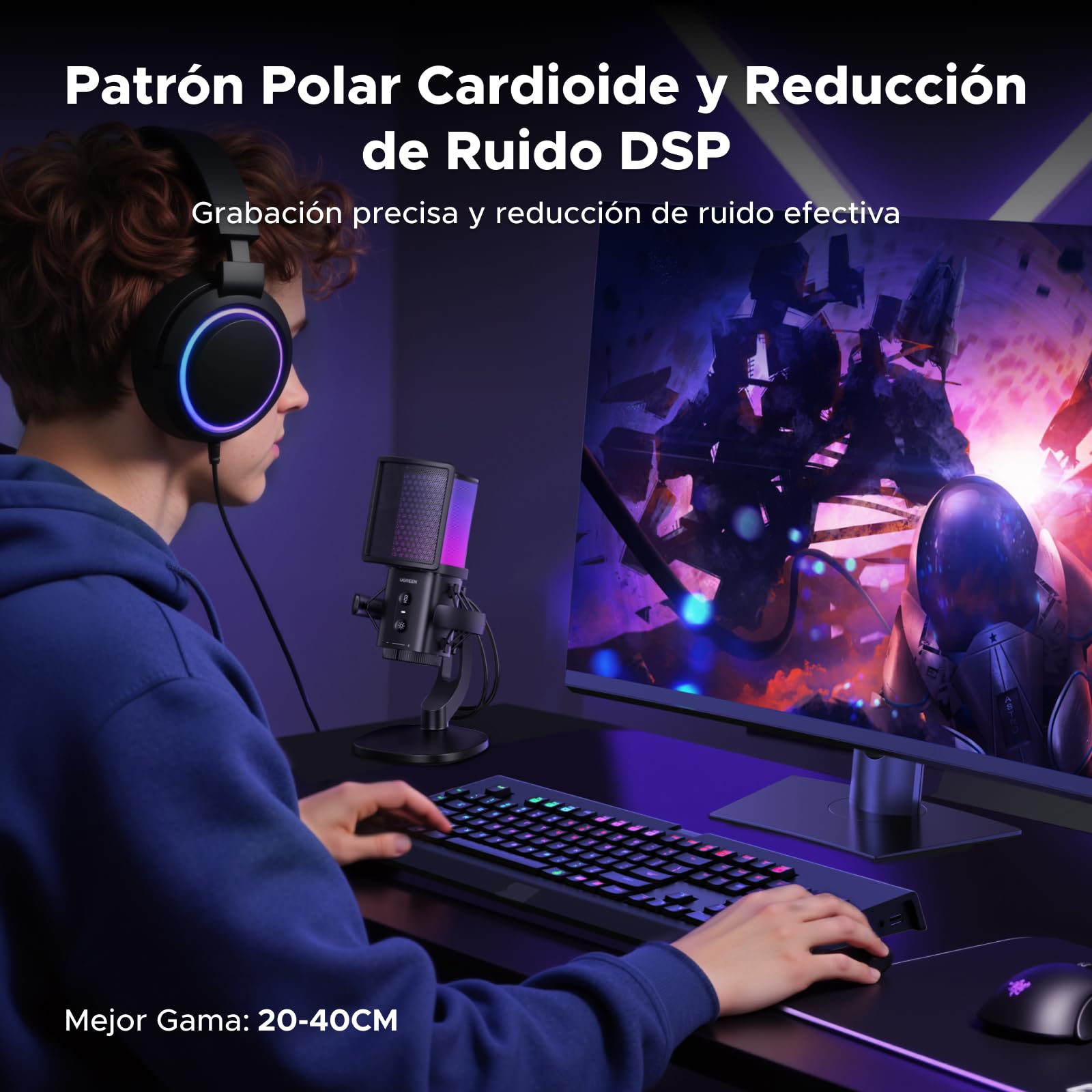 UGREEN Micrófono para Juegos USB con Efectos de Iluminación RGB | 96 KHz 24 Bits Reducción de Ruido DSP Para Grabación Juegos Transmisión en Vivo Podcasts Compatible con PS5 PS4 Portátiles