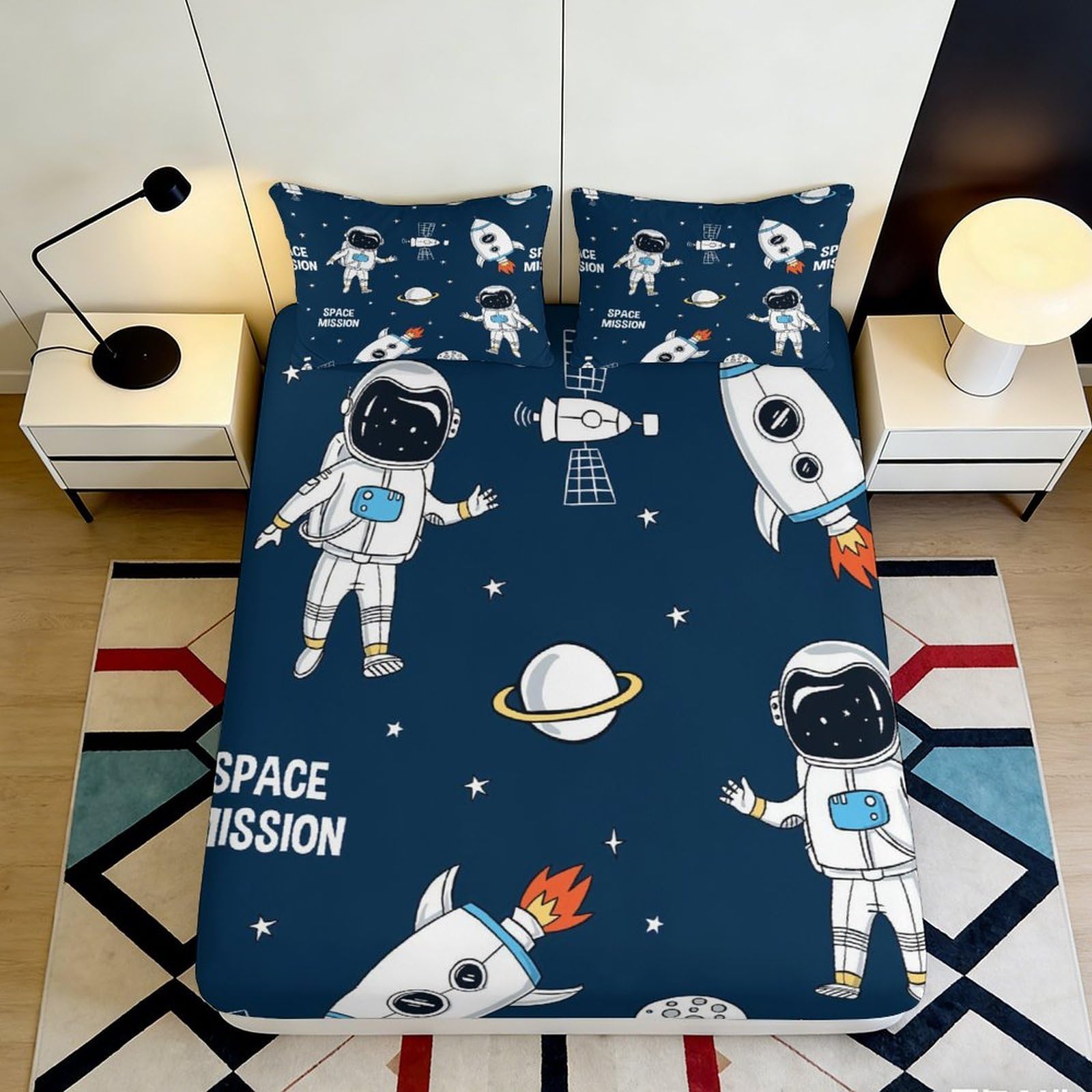 Pnayamiorkfel Style-4 3D Printed Astronaut Rocket Fitted Sheet Microfiber Deep Blue Space Planet Bed Cover Bedroom Dorm Decor 90X200x25cm