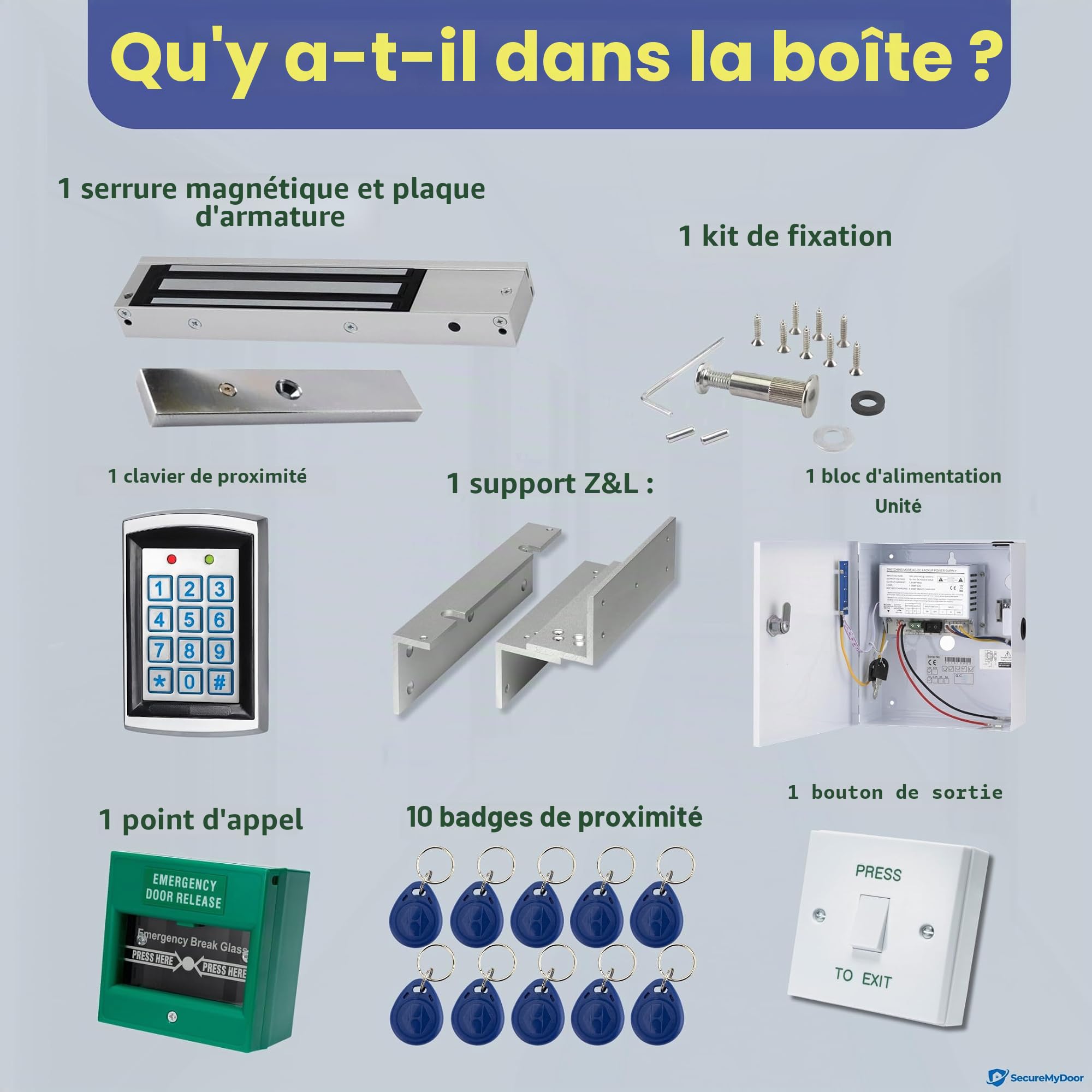 SecureMyDoor - Kit complet d'entrée de porte | Système de sécurité avec serrure magnétique électrique | Entrée par clavier de proximité avec x10 porte-clés RFID de proximité inclus | Idéal pour le