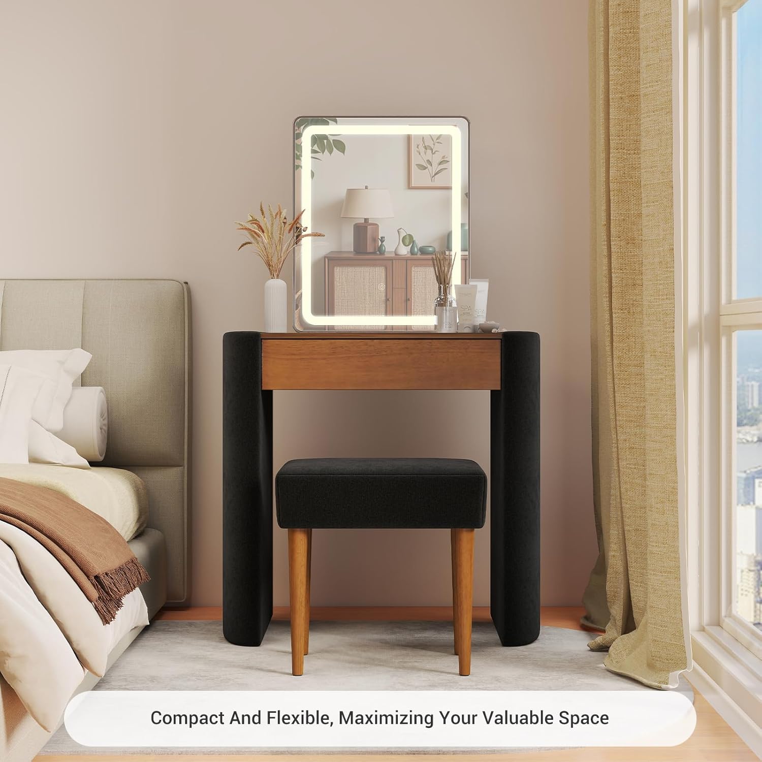Small Makeup Vanity Desk with Lighted Mirror - Solid Wood Compact Bedroom Make Up Dressing Table with Adjustable Brightness Mirror & Drawer & Chair, Easy Assembly Classic Modern Set, Black