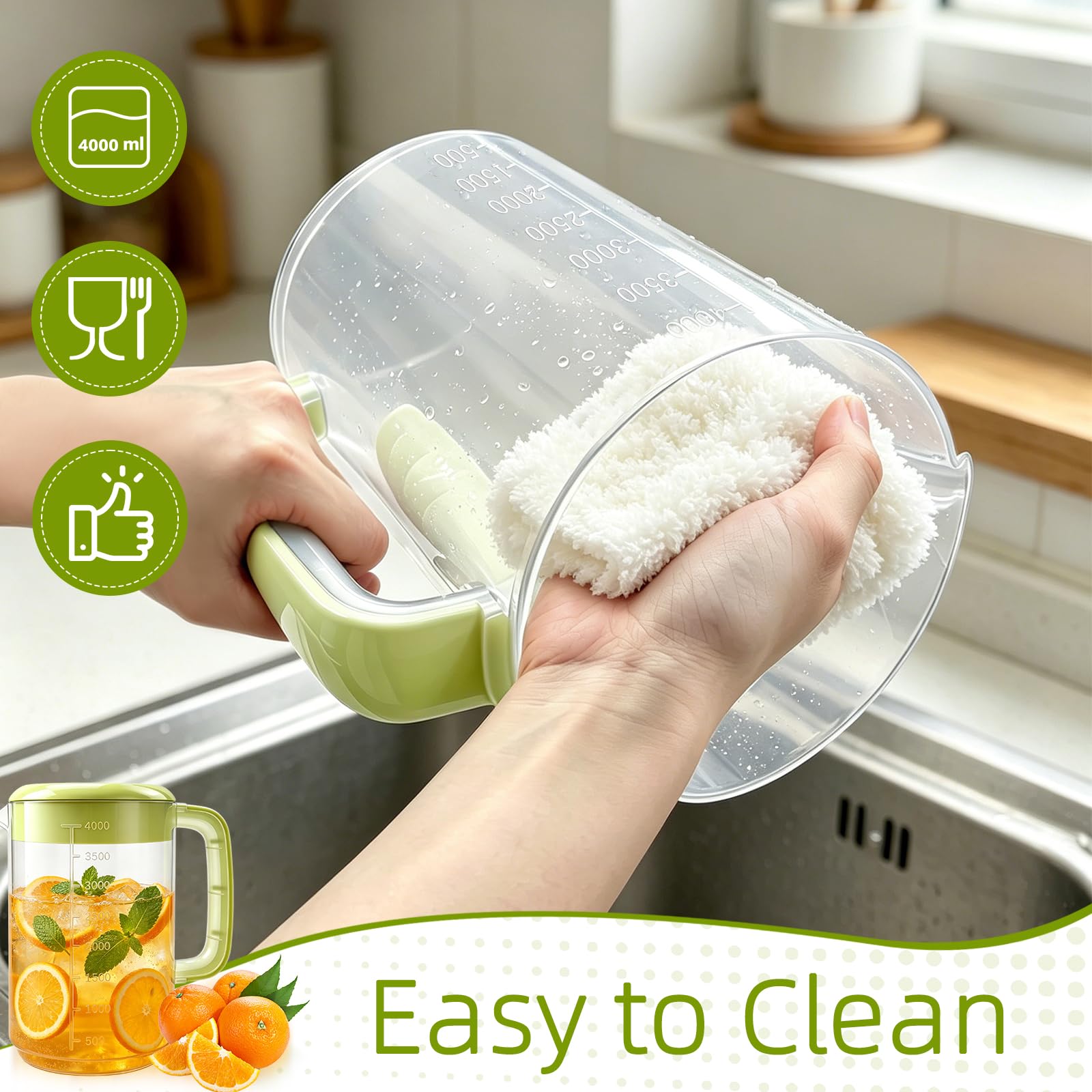 Nexboraque Paquete de 2 jarras coladoras de plástico de 1 galón con tapa, jarra de agua grande con asa y medidas para bebidas frías, jarra de té helado para limonada, leche, jugo, bebidas, verde