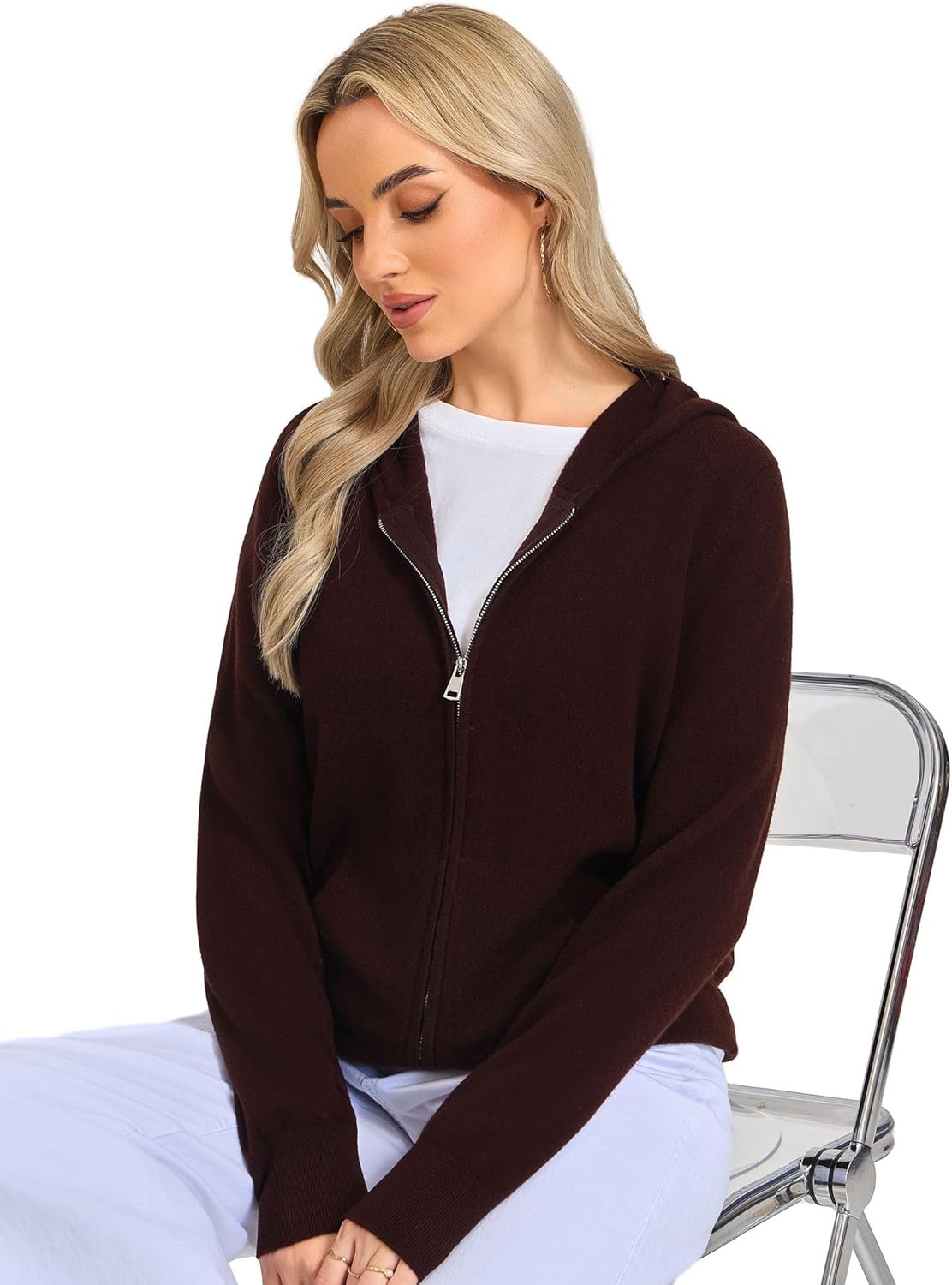 Women's Hooded Cardigan Sweater -100% Merino Wool 2-Way Zip Up Hoodie with Pockets Lightweight Zip-front Cropped Knit - Image 5