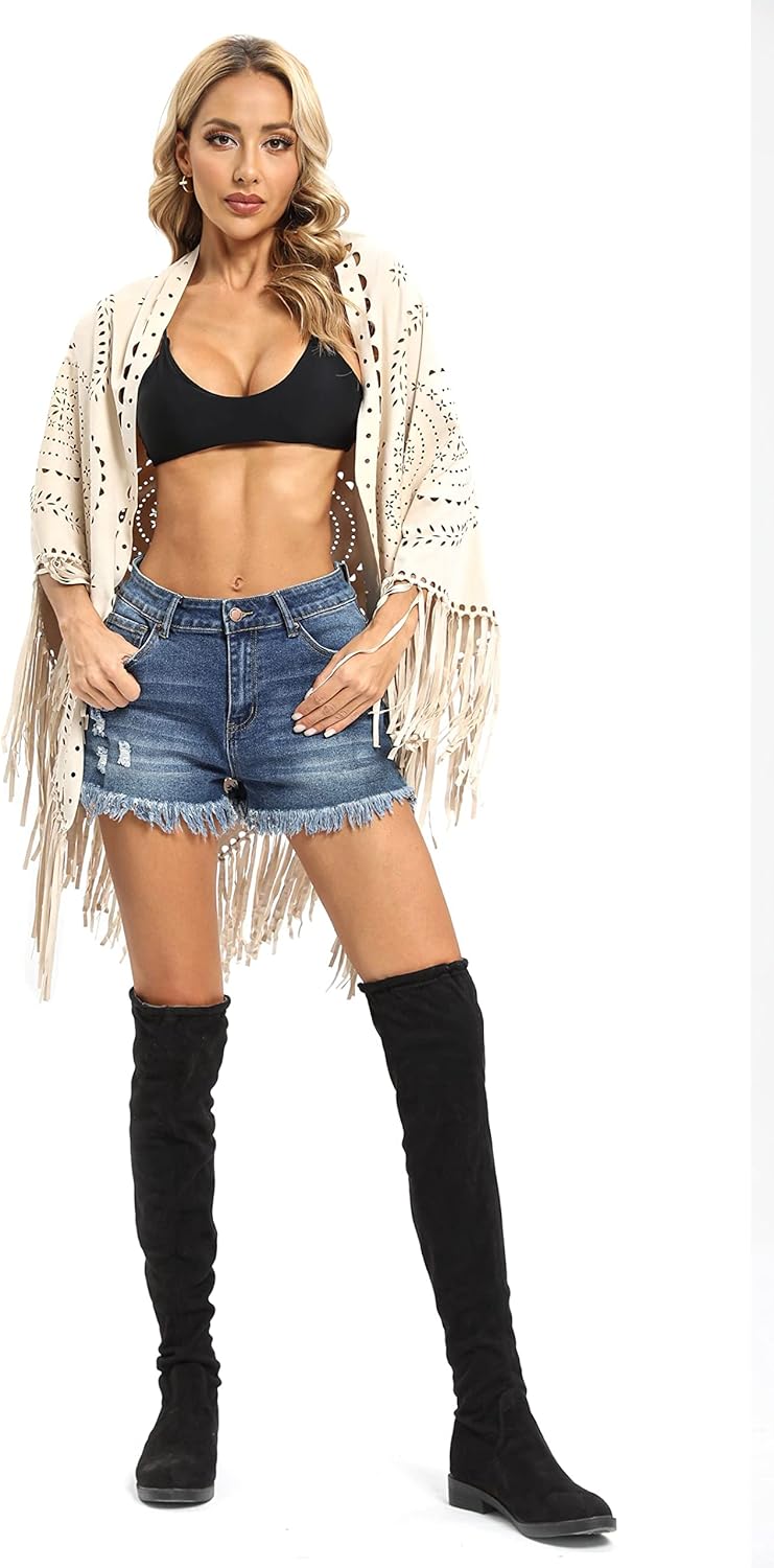 Datangep Fashion Women's Faux Suede Laser Cut Triangle Stoles Cape Shrug Scarf With Tassel Shawls - Image 6