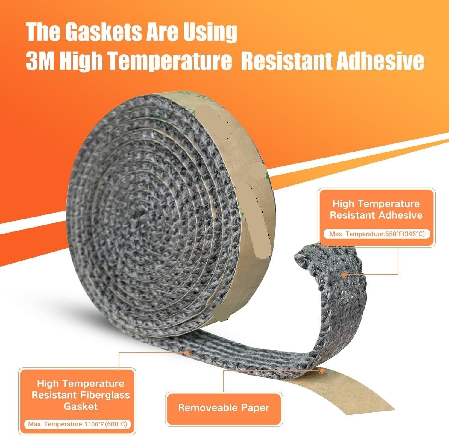 Nastro autoadesivo ad alta temperatura per guarnizioni piatte di stufe a legna e camini, 183 cm di lunghezza, in fibra di vetro resistente, colore grigio