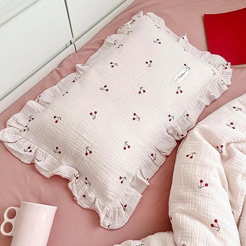 Vista 127 de BuLuTu Funda de almohada de muselina de algodón para niños pequeños, tamaño estándar, estampado de flores de Galsang, suave funda de almohada
