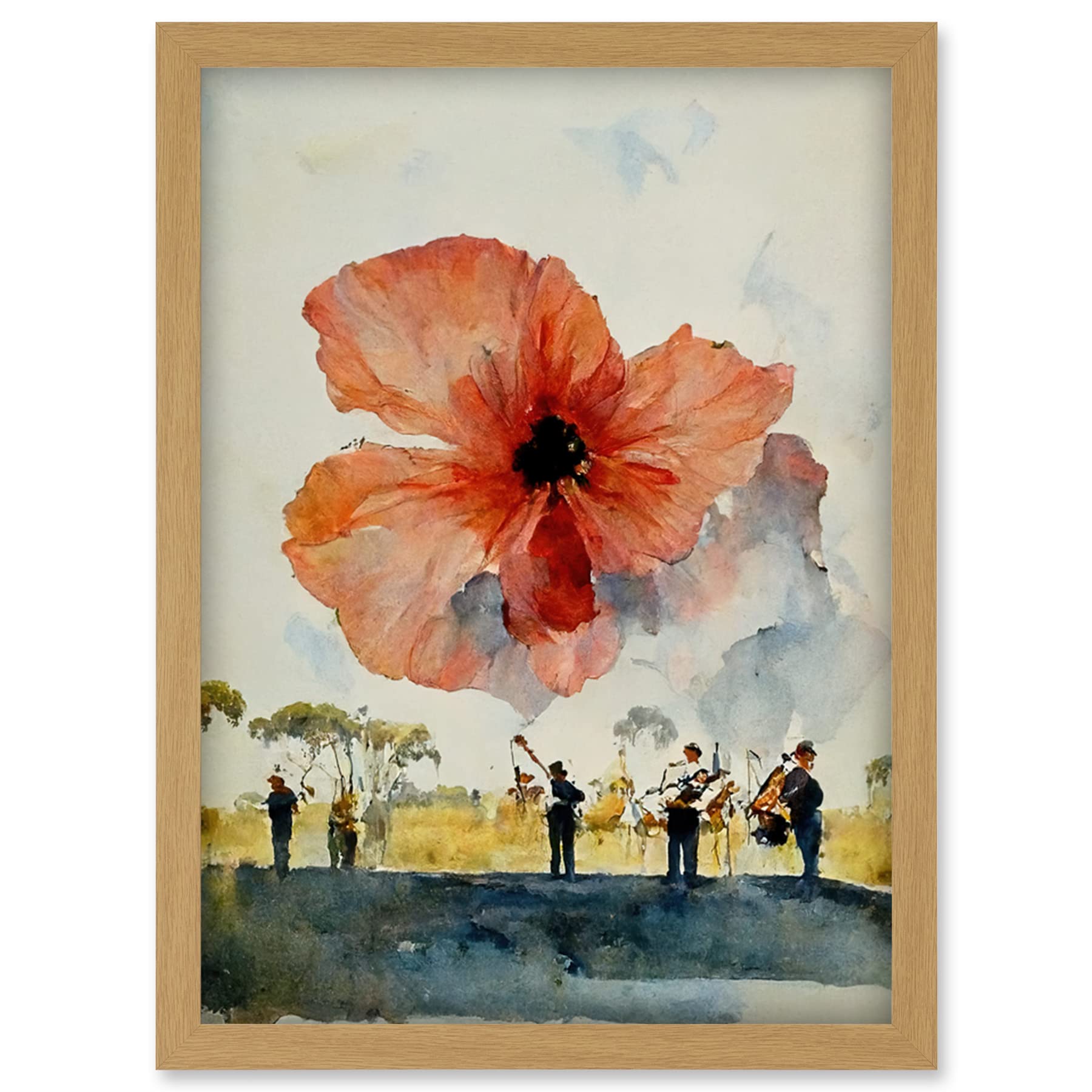 Doppelganger33 LTD Watercolour War Memorial Remembrance Day Poppy Brass Band Artwork Framed Wall Art Print A4