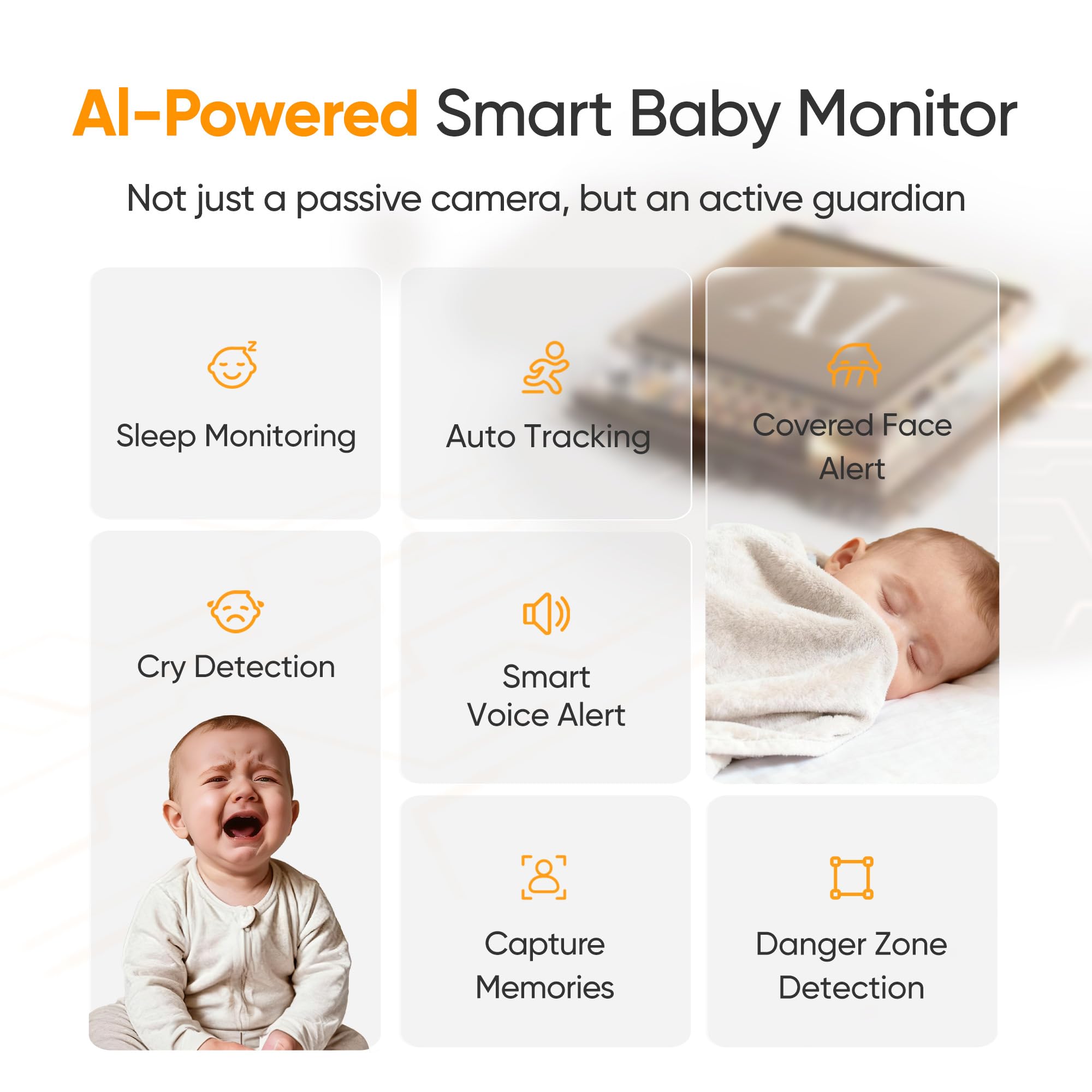 Monai Baby Monitor, Zoom 3K 5MP/6X, Telecamera AI Nessun canone mensile: allarme sonno sicuro/copertura facciale, rilevamento automatico del pianto, inclinazione panoramica, solo app, telecamera di