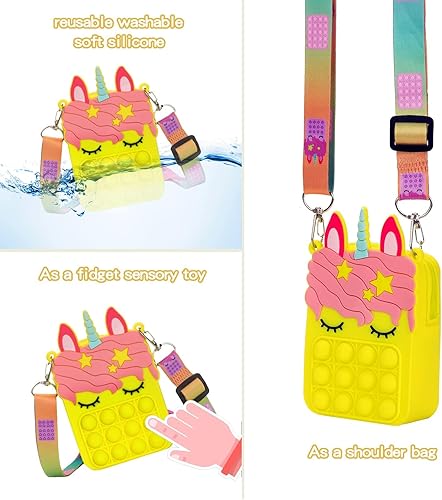 Miniatura 6 de civan Minibolsa amarilla cruzada para niñas y niños, 2 en 1, juguete de burbujas para presionar para la ansiedad, de silicona, de dibujos animados